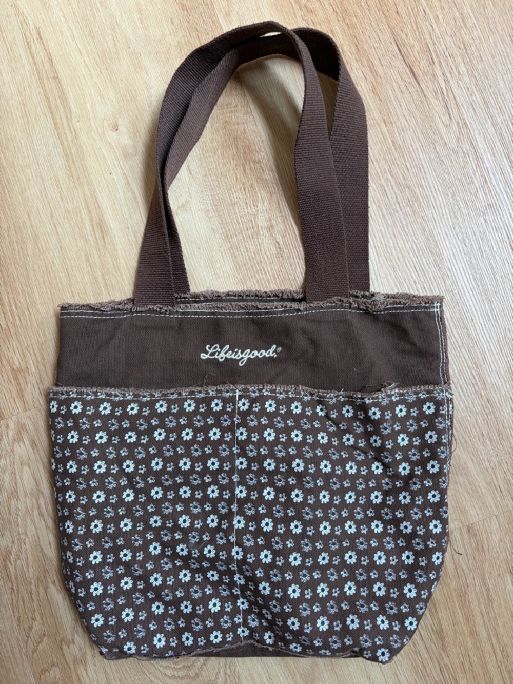 Life Is Good Tote Bag Purse Brown Canvas Floral